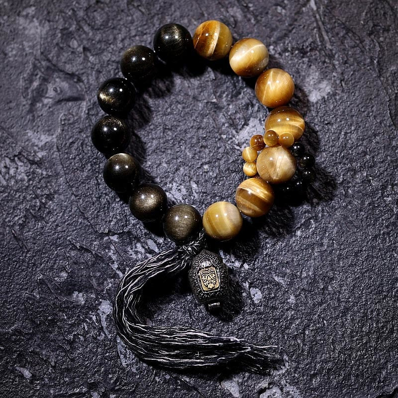 Buddha Stones Natural Gold Sheen Obsidian Tiger Eye Wealth Tassel Bracelet