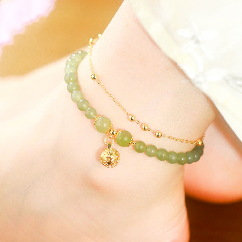 Natural Hetian Jade Luck Bell Charm Beaded Anklet