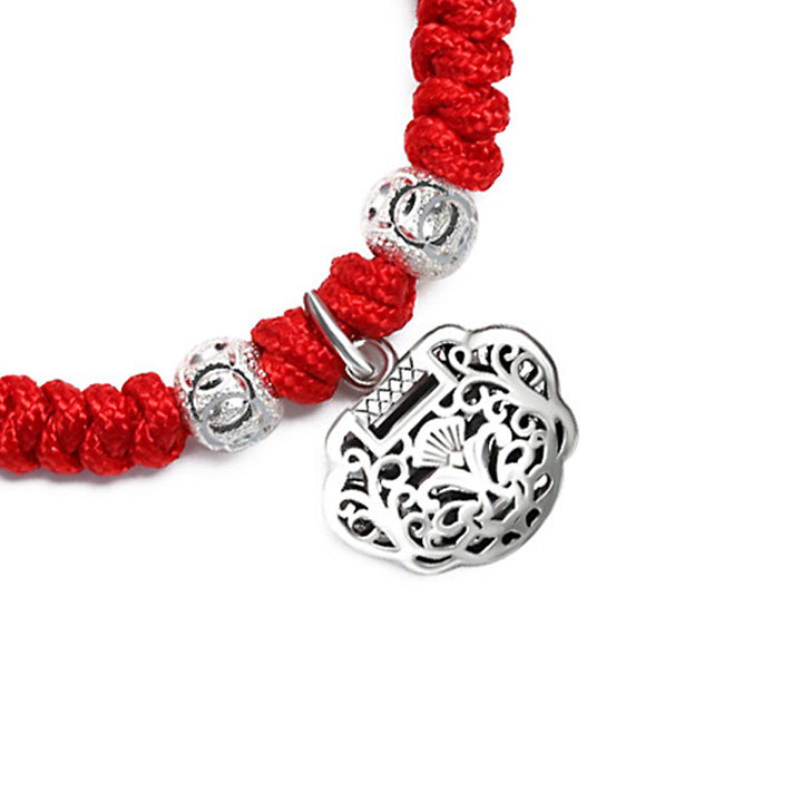 Buddha Stones 925 Sterling Silver Chinese Lock Charm Multicolored Red String Protection Handmade Braided Kids Bracelet