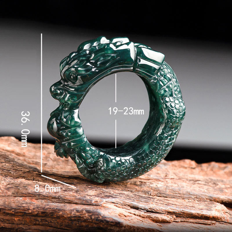 Buddha Stones Natural Cyan Jade Dragon Carved Success Ring