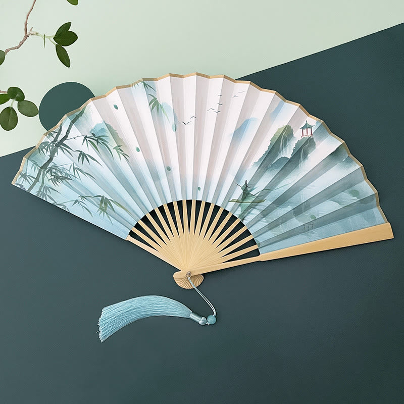 Buddha Stones Retro Lotus Flower Leaf Mountain Lake Handheld Folding Fan With Bamboo Frames