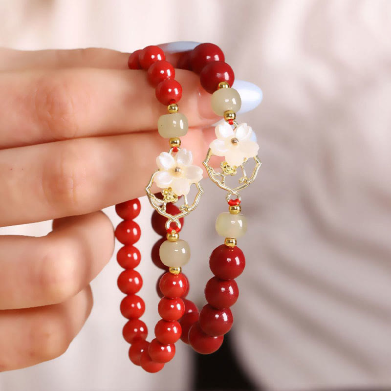 Buddha Stones Natural Cinnabar Jade Beaded Tridacna Stone Flower Blessing Bracelet