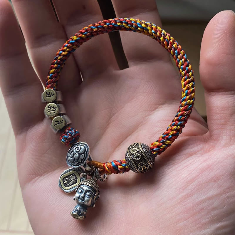 Buddha Stones Handmade Tibetan 925 Sterling Silver Chinese Zodiac Natal Buddha Zakiram Goddess of Wealth Protection Multicolored Rope Braided Bracelet