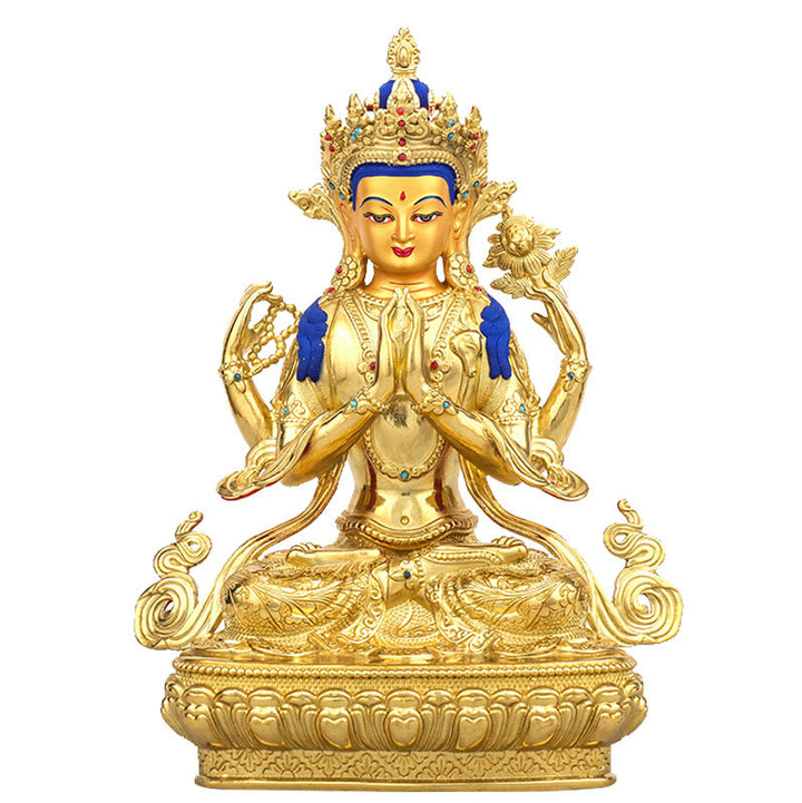 Chenrezig Four-armed Avalokitesvara Protection Copper Gold Plated Statue Decoration