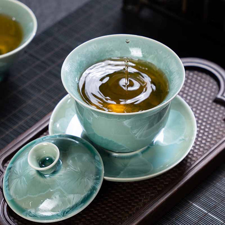 Buddha Stones Traditional Glaze Ceramic Gaiwan Sancai Teacup Kung Fu Tea Cup And Saucer With Lid 180ml