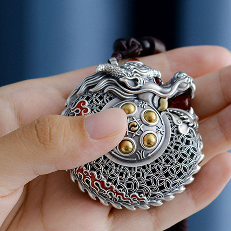 Buddha Stones 999 Sterling Silver Year of the Dragon Rotatable Ball Five Elements Copper Coin Strength Hanging Decoration