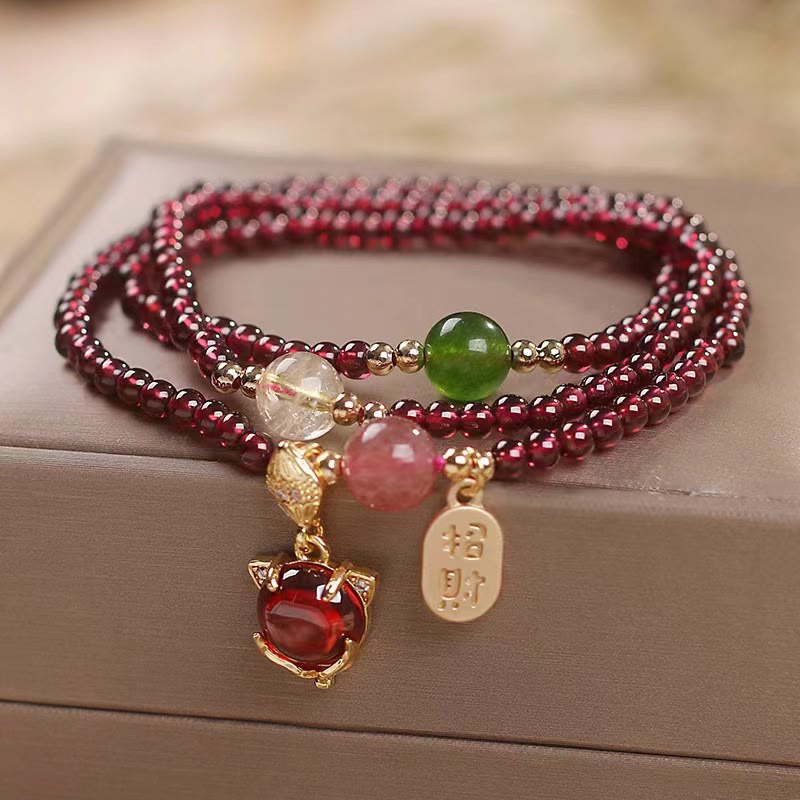 Buddha Stones Natural Garnet Strawberry Quartz Crystal Fox Koi Fish Peace Buckle Fortune Protection Triple Wrap Bracelet