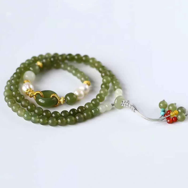 Hetian Jade Pearl Peace Buckle Luck Wealth String Bracelet