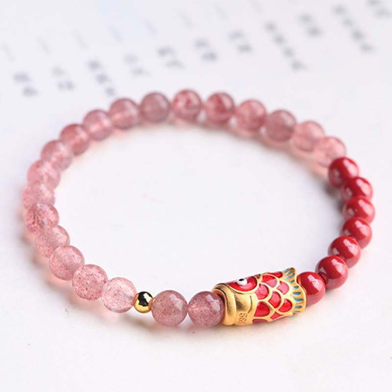 Buddha Stones Natural Strawberry Quartz Cinnabar Lucky Koi Fish Healing Bracelet