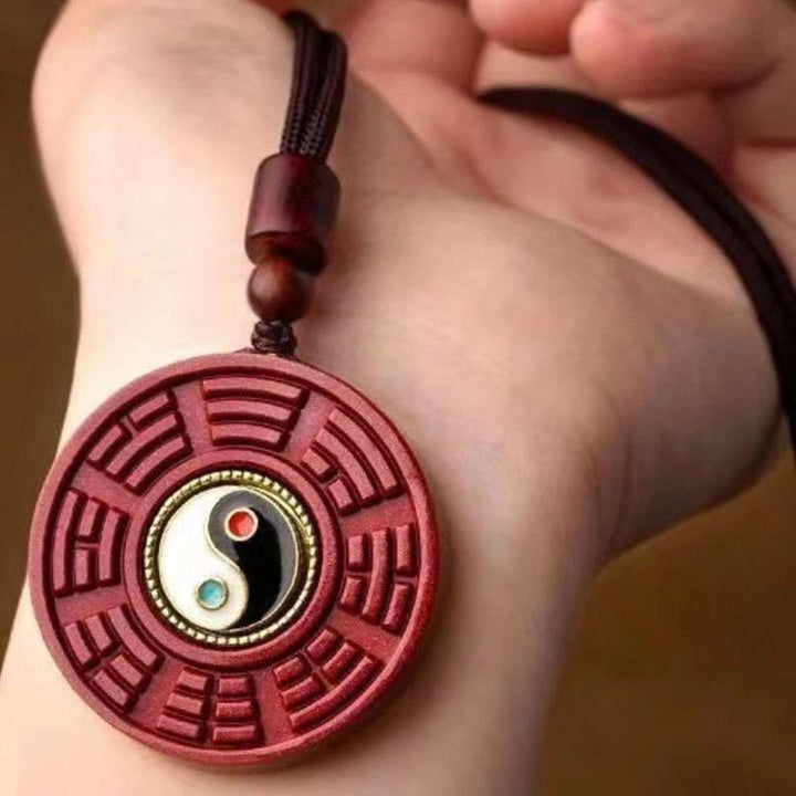 Buddha Stones Natural Cinnabar Bagua Rotatable Yin Yang Keep Away Evil Spirits Necklace Pendant