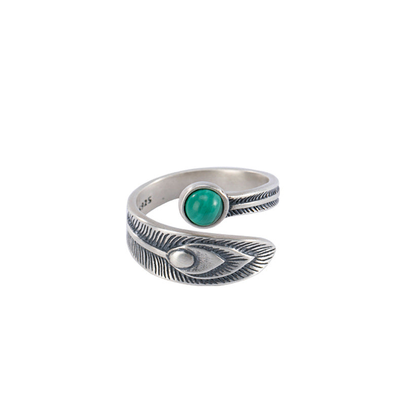 925 Sterling Silver Malachite Bead Feather Protection Ring