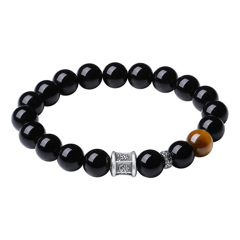 Buddha Stones 999 Sterling Silver Black Obsidian Tiger Eye Om Mani Padme Hum Fulfillment Bracelet