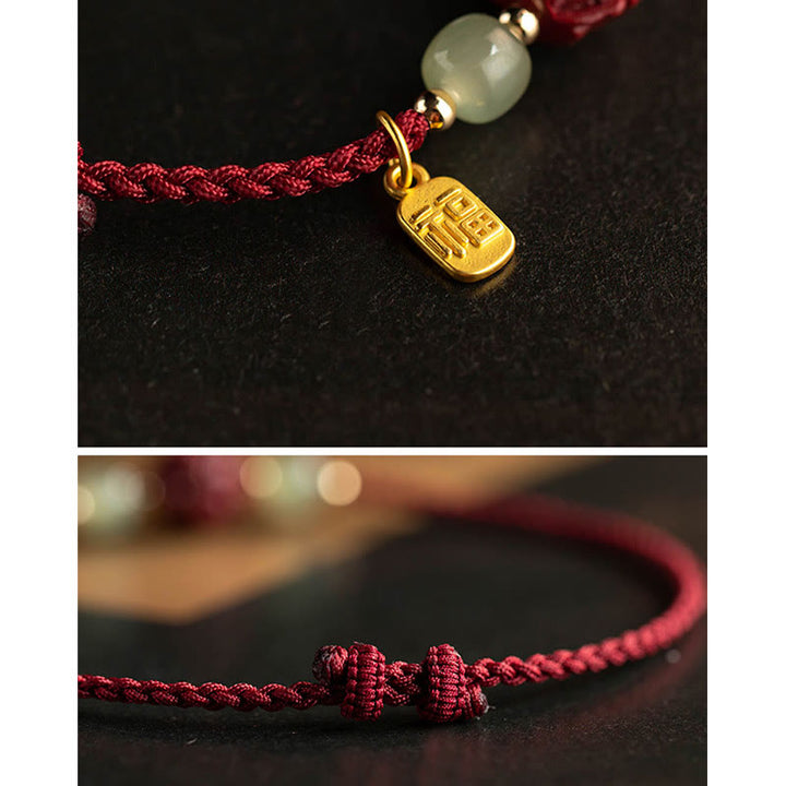 Buddha Stones Natural Cinnabar Chinese Zodiac Hetian Jade Fu Character Luck Rope Bracelet