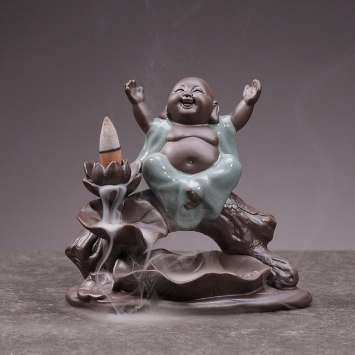 Buddha Little Monk Ceramic Lotus Blessing Incense Burner Decoration