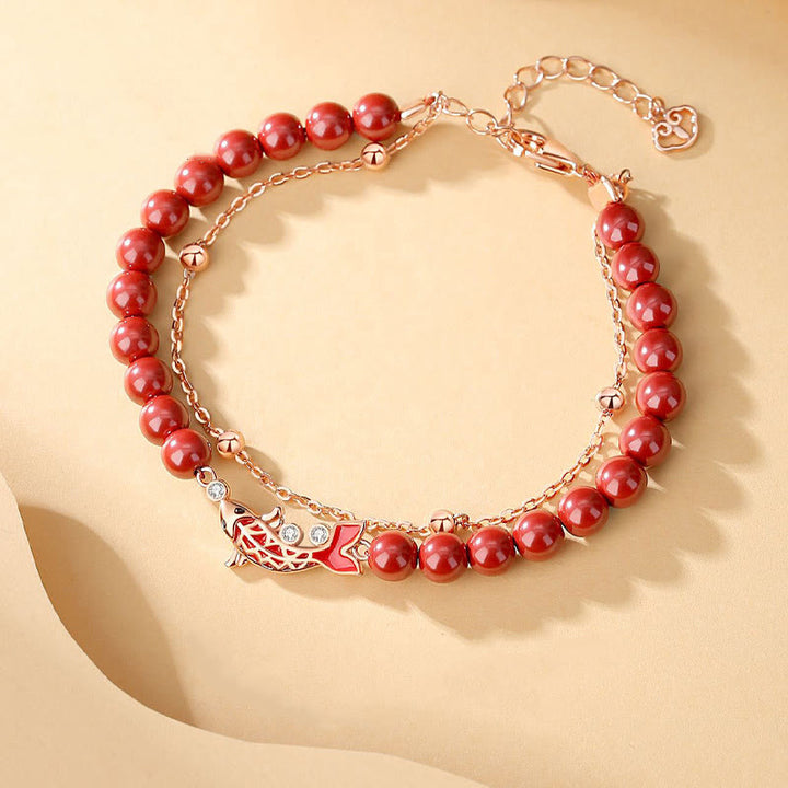 Buddha Stones 925 Sterling Silver Lucky Koi Fish Cinnabar Zircon Prosperity Double Layer Chain Bracelet