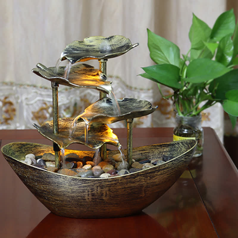 Buddha Stones Lotus Leaf Shaped Waterfall Fountain Tabletop Ornaments With LED Light Home Office Desktop Decoration