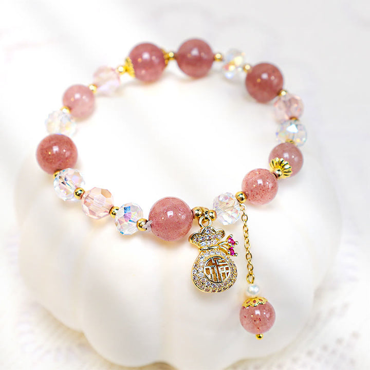 Buddha Stones Natural Strawberry Quartz Crystal Money Bag Charm Positive Bracelet