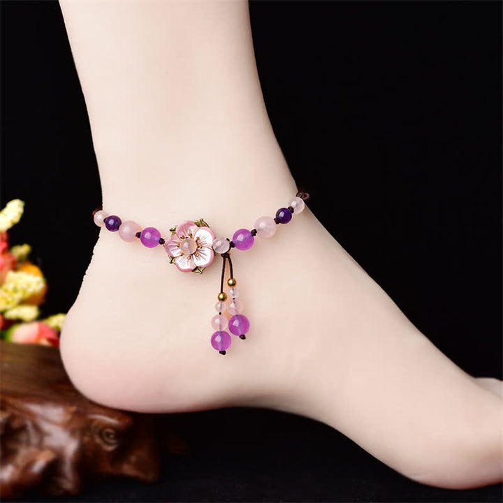 Buddha Stones Natural Amethyst Rose Quartz Crystal Charm Lucky Healing Anklet