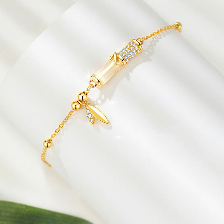 Buddha Stones 925 Sterling Silver 18K Gold Plated White Jade Bamboo Zircon Leaf Luck Bracelet