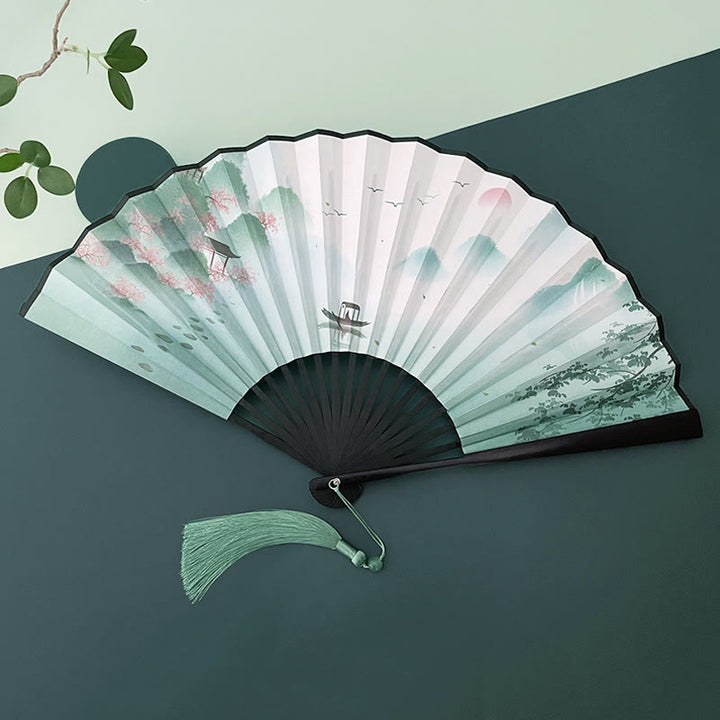 Buddha Stones Retro Lotus Flower Leaf Mountain Lake Handheld Folding Fan With Bamboo Frames