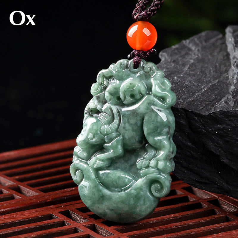 Buddha Stones Natural Jade 12 Chinese Zodiac Prosperity Necklace Pendant