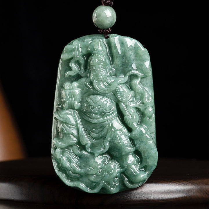 Natural Jade Guan Gong Amulet Wealth Necklace Pendant