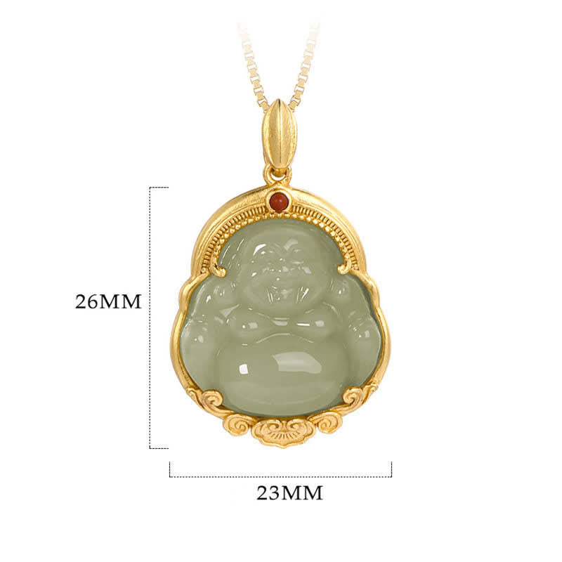 925 Sterling Silver Laughing Buddha Natural Hetian Jade Luck Prosperity Necklace Pendant