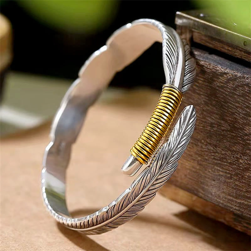 Buddha Stones Feather Pattern Engraved Luck Cuff Bracelet Bangle