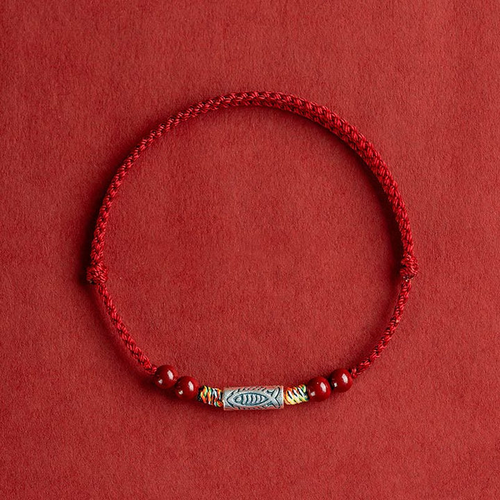 Buddha Stones 925 Sterling Silver Koi Fish Cinnabar Bead Wealth Handcrafted Braided Bracelet Anklet