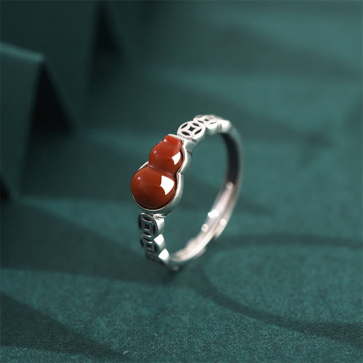 Buddha Stones 925 Sterling Silver Red Agate Gourd Copper Coin Self-acceptance Ring