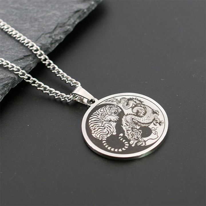 Buddha Stones Tiger Dragon Titanium Steel Chain Necklace Harmony Pendant