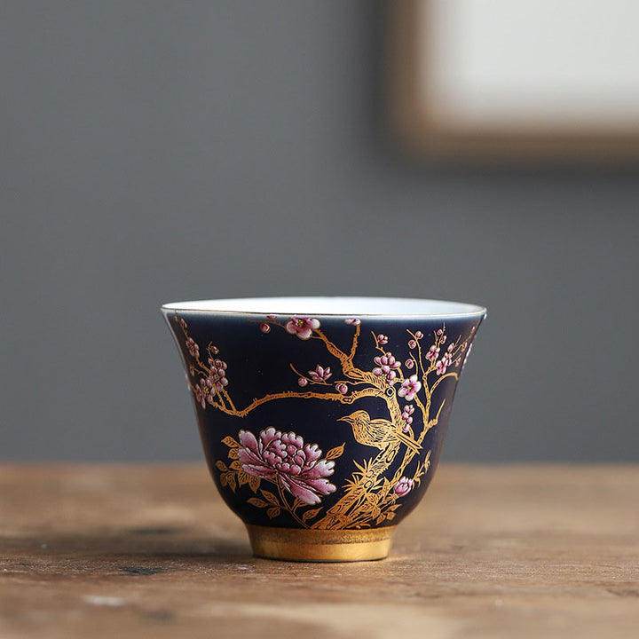 Buddha Stones Golden Magpie Peony Flower Ceramic Teacup Kung Fu Tea Cup