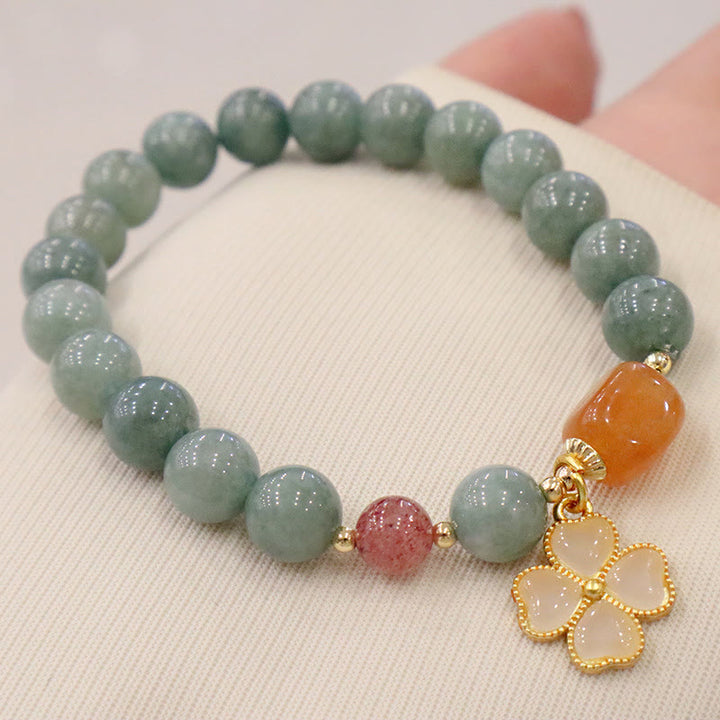 Buddha Stones Jade Four Leaf Clover Charm Prosperity Bracelet