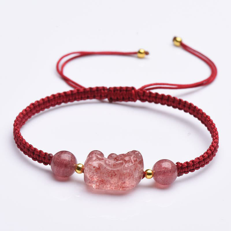 Buddha Stones Natural Strawberry Quartz PiXiu Lucky Red String Bracelet