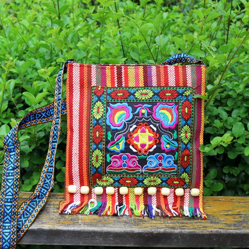 Tibetan Handmade Embroidered Camellia Canvas Shoulder Bag Crossbody Bag