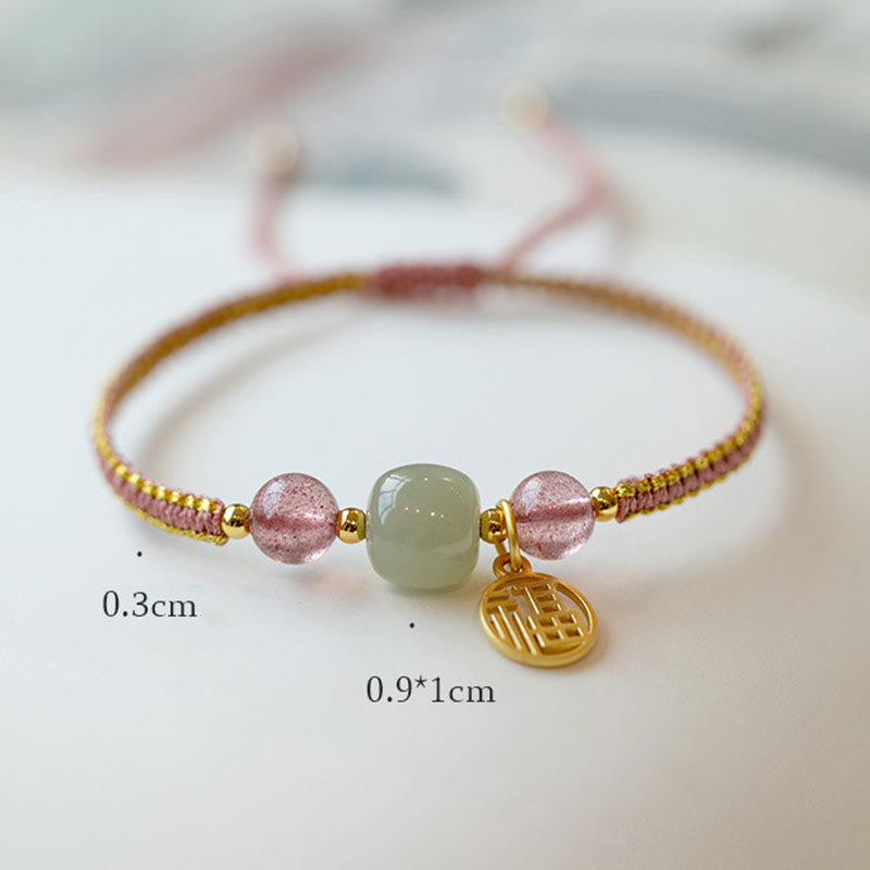 Buddha Stones Handmade Strawberry Quartz Hetian Jade Bead Fu Character Healing Bracelet