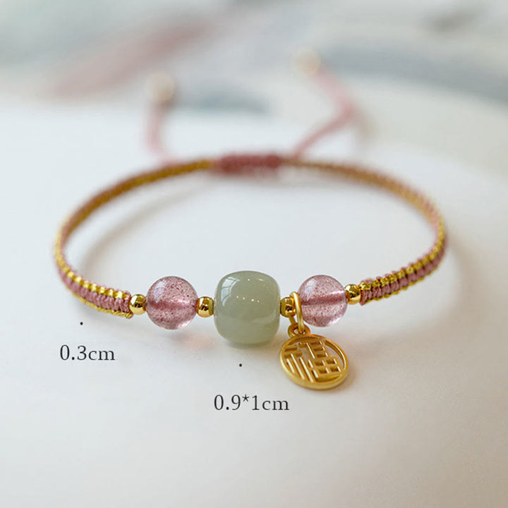 Buddha Stones Handmade Strawberry Quartz Hetian Jade Bead Fu Character Healing Bracelet