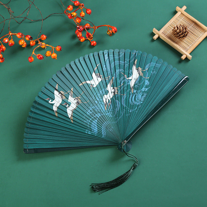 Buddha Stones Vintage Cloud Crane Maple Leaf Pattern Handheld Bamboo Folding Fan