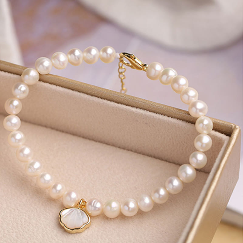 Buddha Stones 14K Gold Plated Natural Pearl Crystal Shell Charm Bead Bracelet