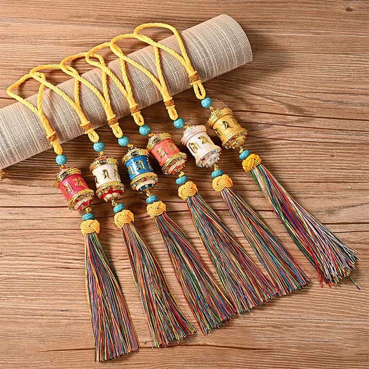 Tibet Om Mani Padme Hum Prayer Wheel Colorful Tassels Bag Car Hanging Decoration