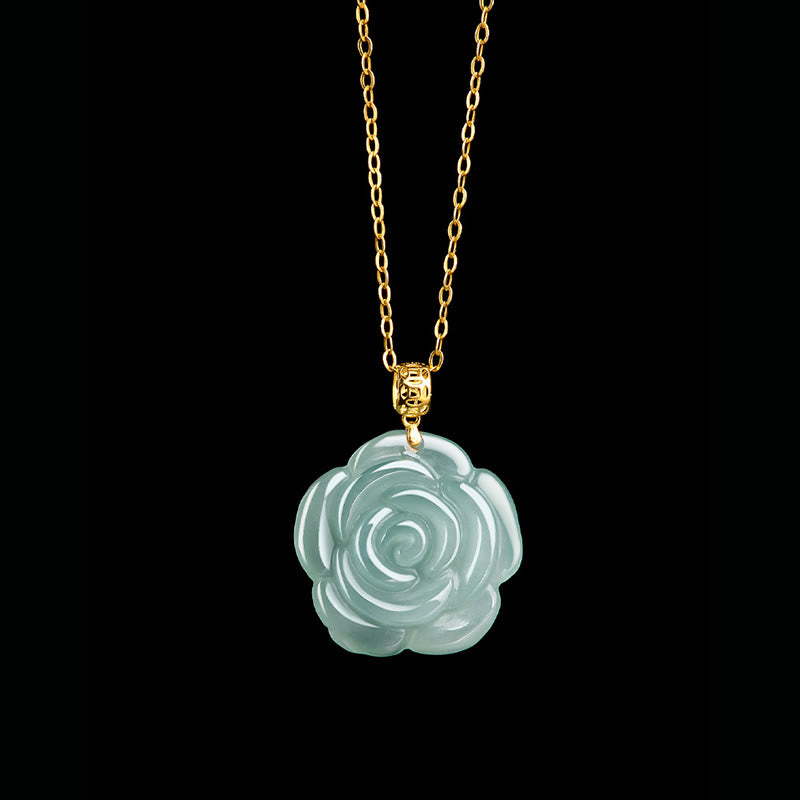 Buddha Stones 18K Gold 925 Sterling Silver Natural Jade Rose Luck Necklace Pendant