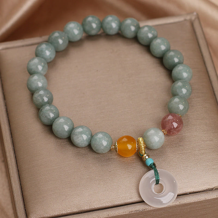 Buddha Stones Natural Jade Strawberry Quartz Bead Peace Buckle Prosperity Bracelet