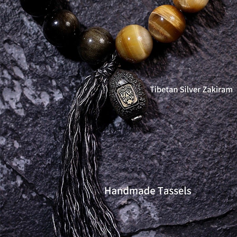 Buddha Stones Natural Gold Sheen Obsidian Tiger Eye Wealth Tassel Bracelet