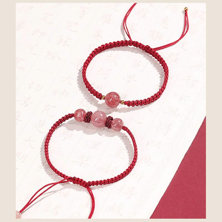 Buddha Stones Natural Strawberry Quartz Crystal Love Red String Weave Bracelet Anklet