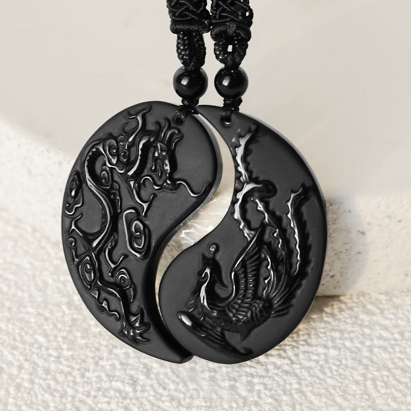 Buddha Stones Black Obsidian Yin Yang Dragon Phoenix Luck Necklace Pendant