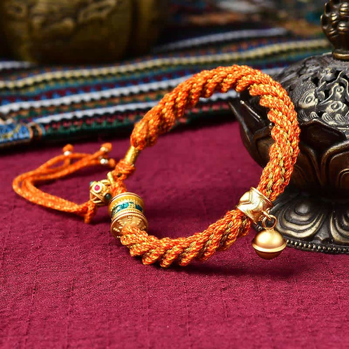 Tibetan Handmade Luck Protection Thangka Prayer Wheel Bell Charm Braid String Bracelet