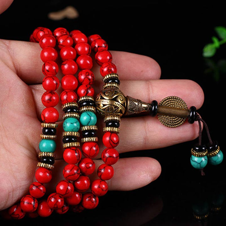 Buddha Stones Tibetan Mala Red Turquoise Lucky Necklace Bracelet