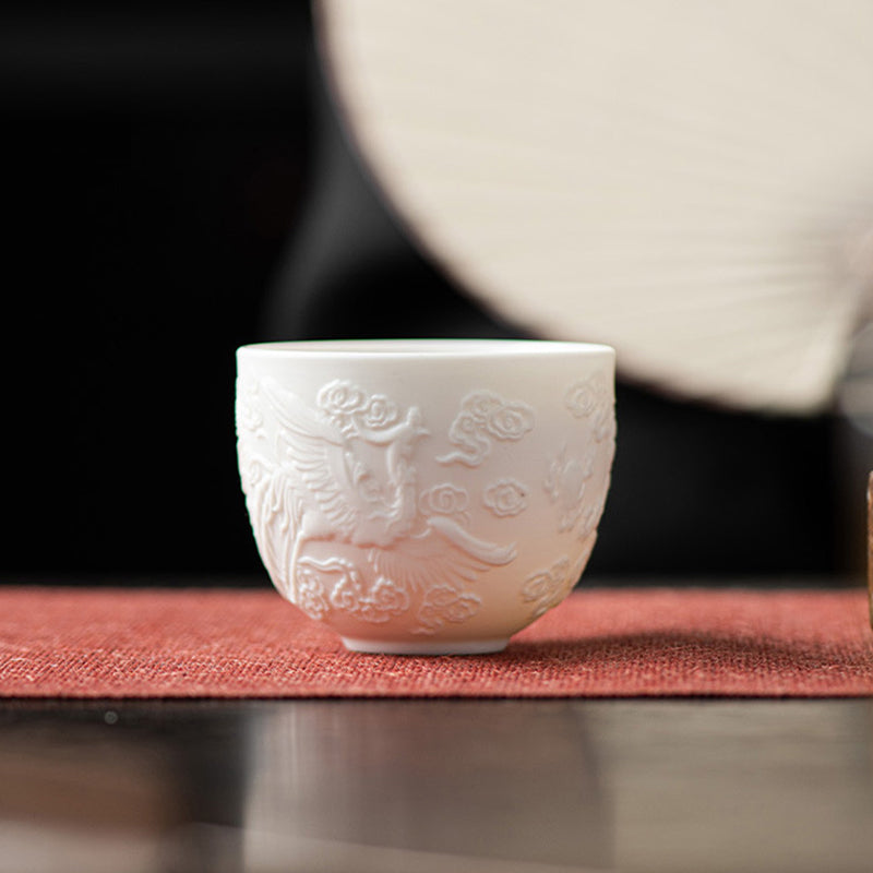 Buddha Stones Dragon Phoenix Relief White Porcelain Ceramic Teacup Kung Fu Tea Cup 115ml