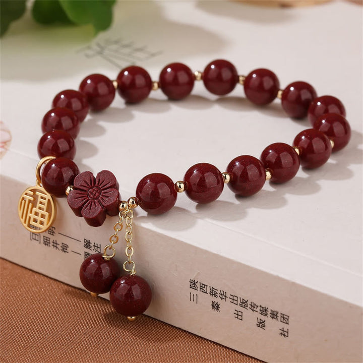 Buddha Stones Cinnabar Fu Character Cherry Blossom Blessing Bracelet