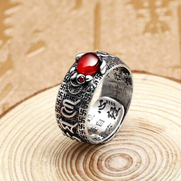 Genstone PiXiu Feng Shui Frog Vajra Dorje Heart Sutra Wealth Adjustable Ring